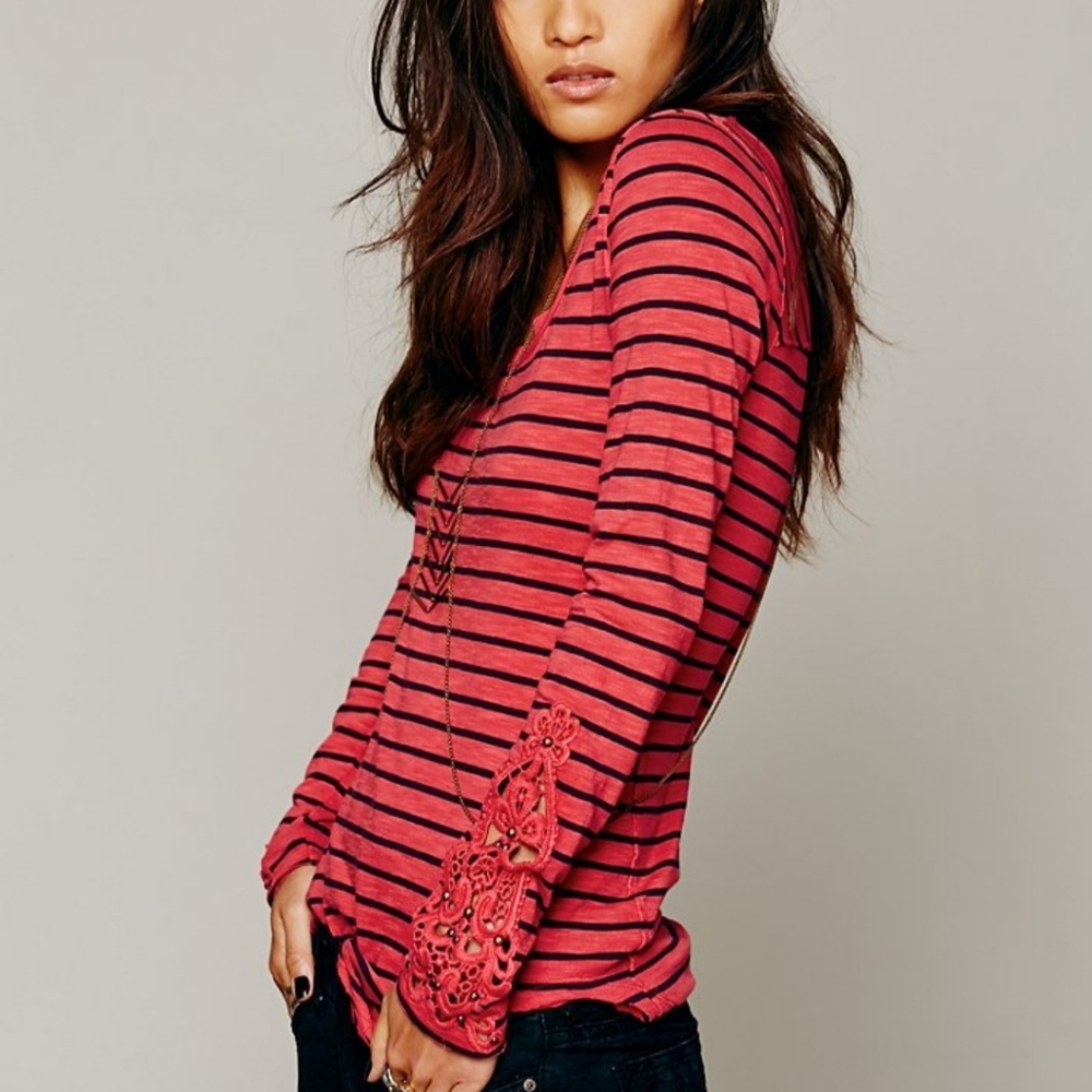 Free People crochet lace trim sleeve henley